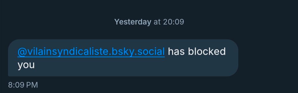 Screen d'un MP m'indiquant que vilainsyndicaliste m'a bloqué