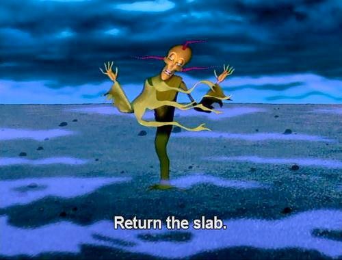 A screenshot of the animated show Courage the Cowardly Dog. KIng Ramses, the resurrected pharaoh character, stands in an empty field with blue and purple mist. The text reads "Return the Slab" 
