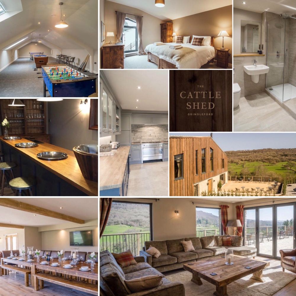 A collage image of the various rooms at the Cattle Shed, the venue for CODECABIN25. It shows a cosy bedroom, luxury ensuite bathroom, kitchen, bar area, dining room and lounge, decorated in muted taupe colours, with tartan cushions, rustic wooden floors and cosy soft furnishings, along with an image of the games rooms with table tennis and table football and an our side shot of the wooden clad building, deck area against the rugged green countryside backdrop