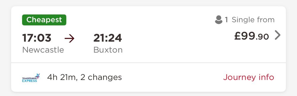 £99.90 for a single train ticket from Newcastle to Buxton.