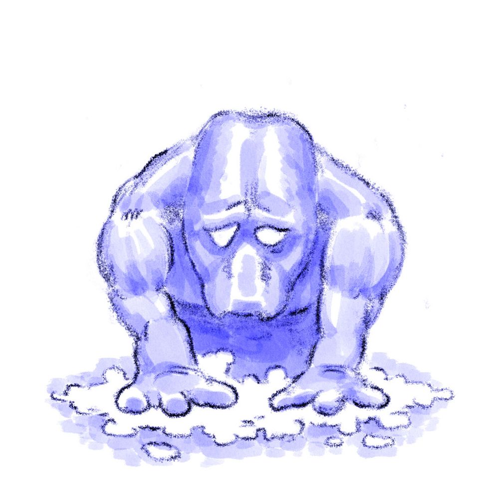 A lumpen sorrowful figure with hands splayed on the ground