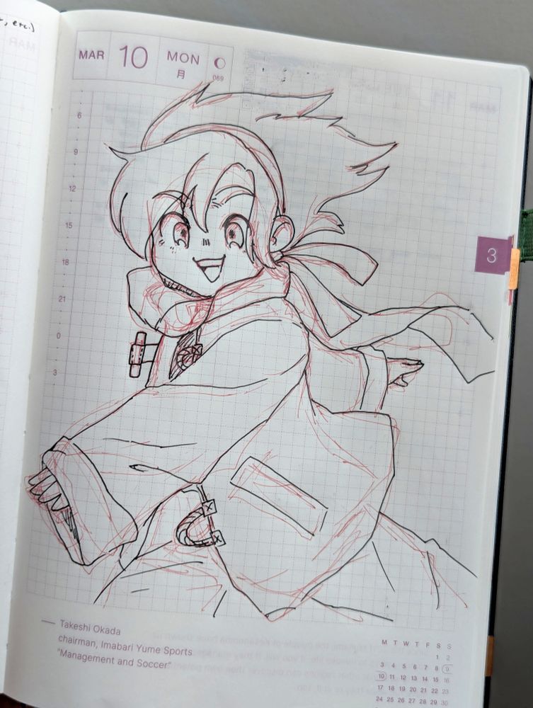 Jemma from Arranger in a manga style. Pencil and ink in a grid-lined notebook.
