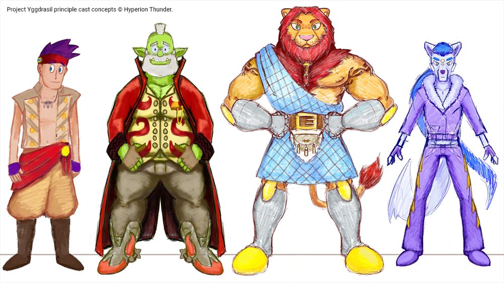 A curious human pirate, a wise orc wizard, a headstrong lion warrior, and a cunning wolf thief. Illustrated in Sketchbook with pencil brush.