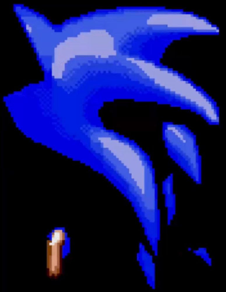 a pixel art of a blue sonic the hedgehog on a black background