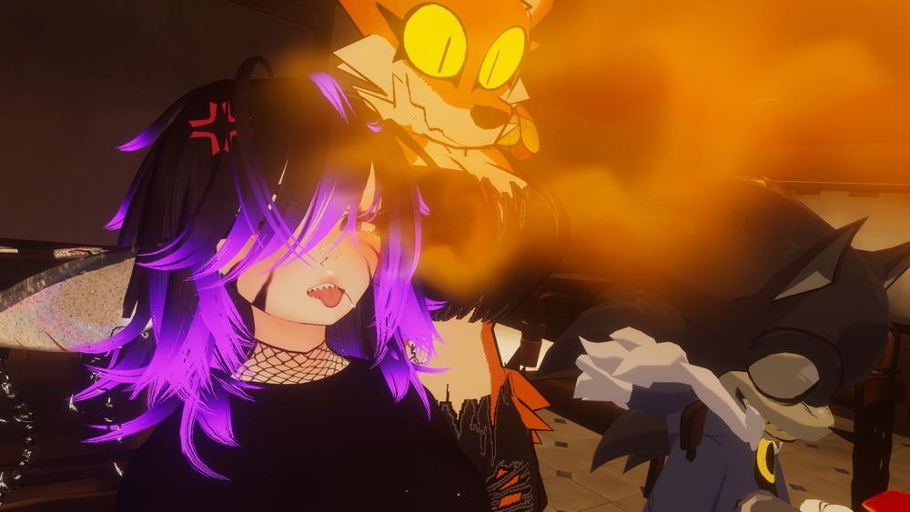 Me spewing fire out of my mouth after a bite of spicy noodles while Fox and Lux are there