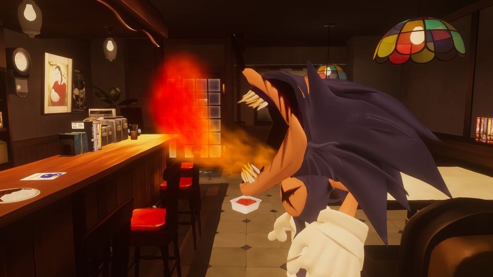 Lux as Lord X spewing fire out her mouth also because of spicy noodles