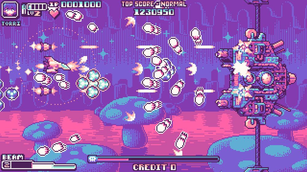 Gif of a videogame spaceship shooting and exploding a weird boss contraption