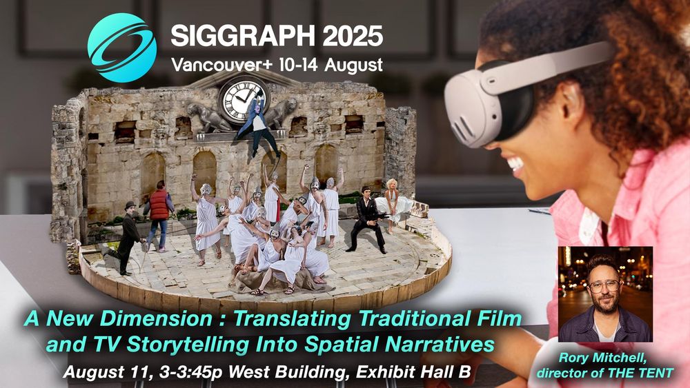 A woman in a VR headset smiles while looking at a tiny greek amphitheater on her table with a some exuberant ancient greek actors in a tragic play in the middle, with Charlie Chaplin, Marilyn Monroe, Scarface, Marty McFly and the Professor hanging from a clock at the top of the amphitheater stage.  