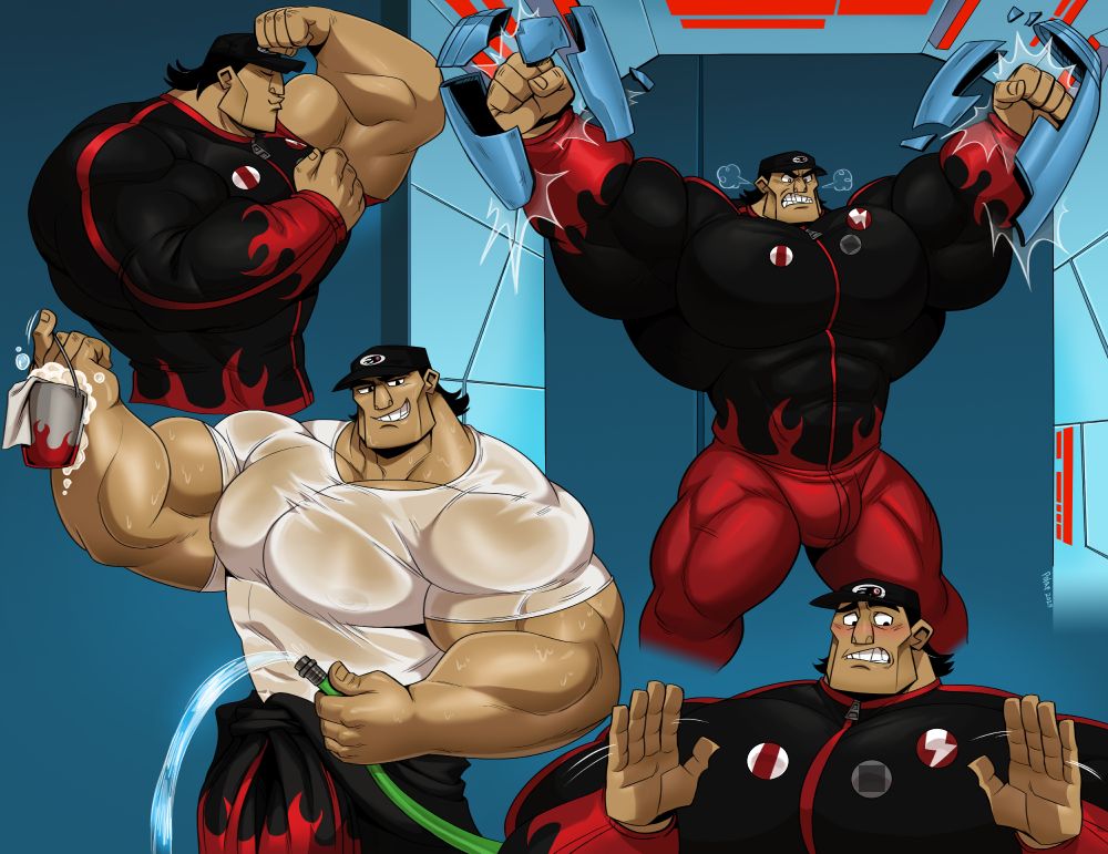 A collage of 4 drawings of a hyper-muscular Texas from Motorcity.

Top left: Texas has just rolled up his left jumpsuit sleeve. While still holding onto the left sleeve cuff with his right hand, he gives a mighty flex of his bare biceps on his left arm. He’s kissing those biceps gently with his eyes closed and smiling sweetly.

Top right: Surrounded by a metal arch-shaped structure, linked to floating tube-shaped constraints designed to cover his lower arms, Texas is standing tall with his arms reaching high and out, and his legs spread out as well. The constraints on his arms have shattered into pieces floating in the air due to his immense strength, uncovering his clenched fists. His brow is furrowed and he’s snarling with fury. A few cloud puffs showing his angered breaths appear around his face.

Bottom left: Texas is lifting his right arm up, and carrying a flame-patterned bucket overflowing with rags and soapy water, the handle held up with his mere index finger. His left hand is at his waist holding a turned-on water hose. He’s grinning smugly towards the viewer. The top of his jumpsuit has been tied around his waist, revealing a white T-shirt over his chest that is so soaking wet, it mostly reveals his bare skin. His arms are dripping wet with water, as well.

Bottom right: Texas, having gotten uncharacteristically flustered, is looking off to his lower left and blushing with a sheepish frown. He’s putting his palms out in front of his chest and waving them, as if to gesture a “no, no, hold on…” 
