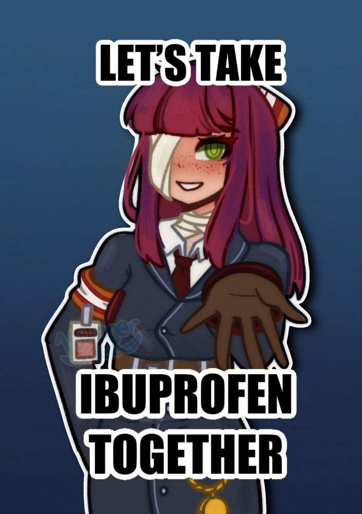 Odin looks at the viewer with her open hand slightly outstretched and asks you if you'd like to take ibuprofen together. 