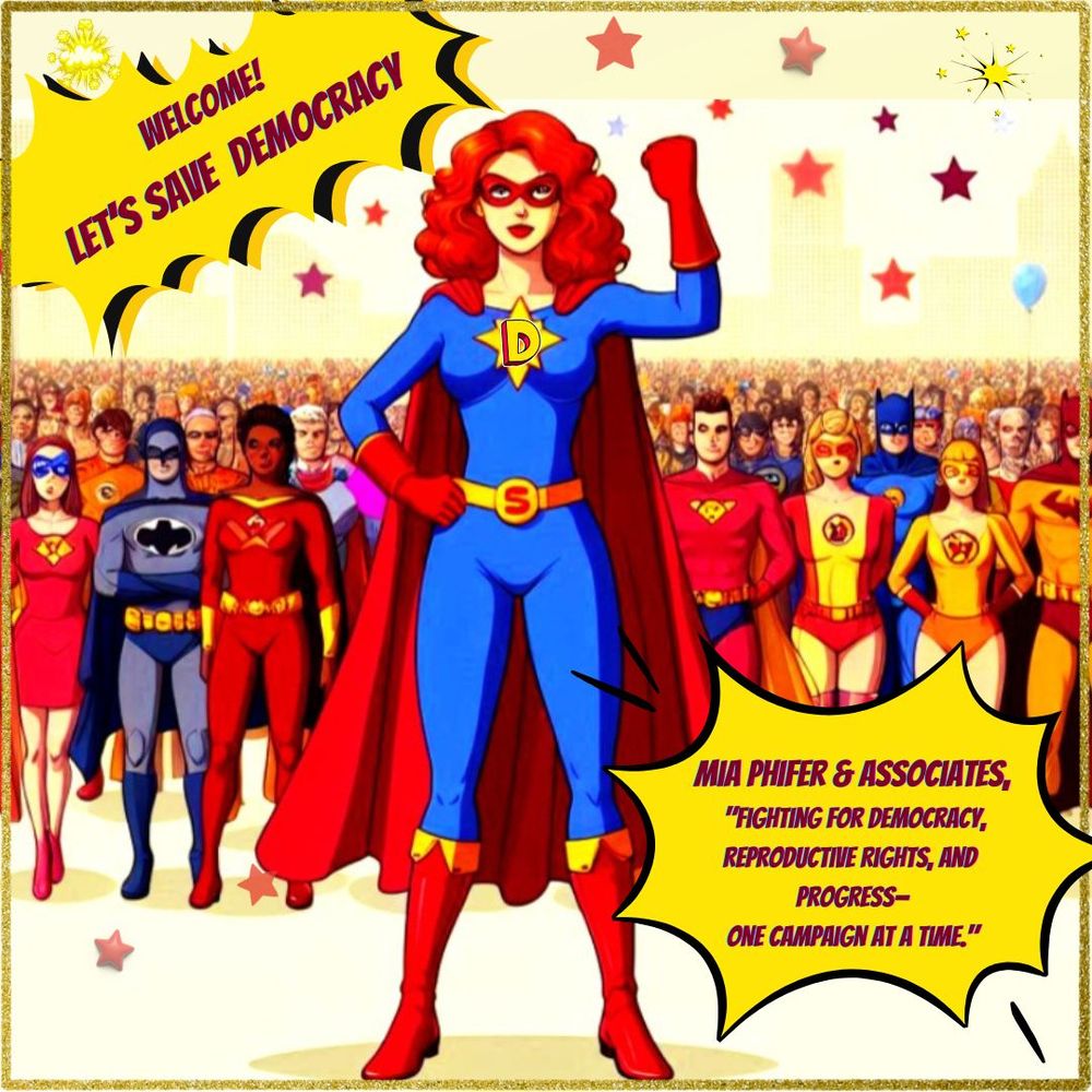 A group of superheroes stands confidently, led by a woman with long, curly red hair wearing a bold "D for Democracy" logo on her outfit. She strikes a powerful pose, with her left arm raised in a fist and her right hand on her hip at the front of the group. Behind her, a vibrant comic book-style graphic reads, "Welcome, Let's Save Democracy," evoking the dynamic feel of a "Bam" or "Pow" action effect. In  the lower right corner it says Mia Phifer and Associates "Fightingfor Democracy, Reproductive rights, and progress-one campaign at a time."