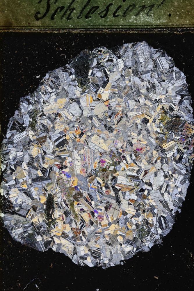 The rock slide from the previous image zoomed in slightly and between crossed polars. It shows black, grey, and pale yellow striped plagioclase and purple and orange olivine.