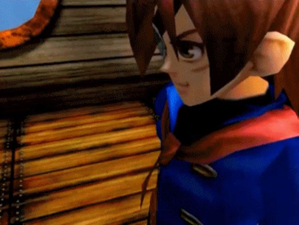 a close up of a video game character standing on a wooden floor