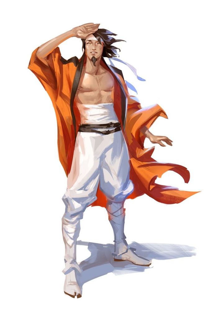 Yoh Souran, a chill-looking Tian man in an open orange robe