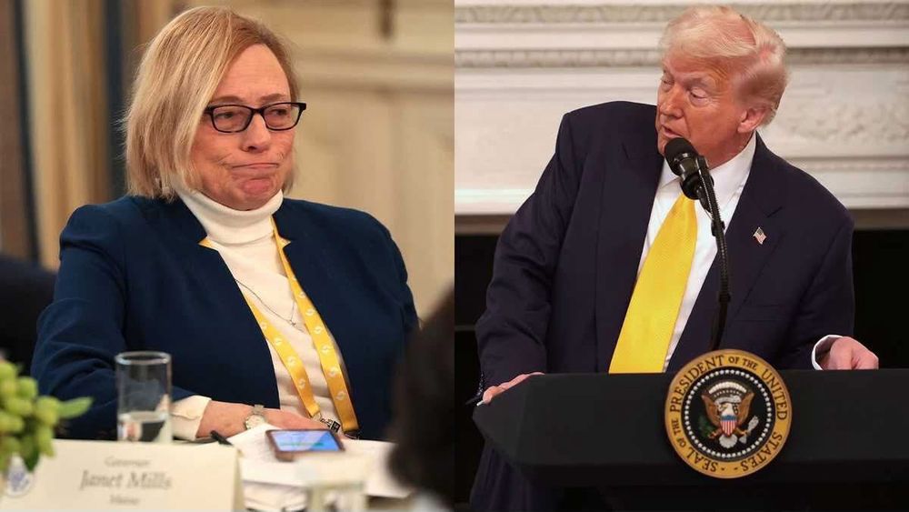 Side-by-side photos: one of Governor Mills sitting with her lips pursed; the other of Trump standing at a podium