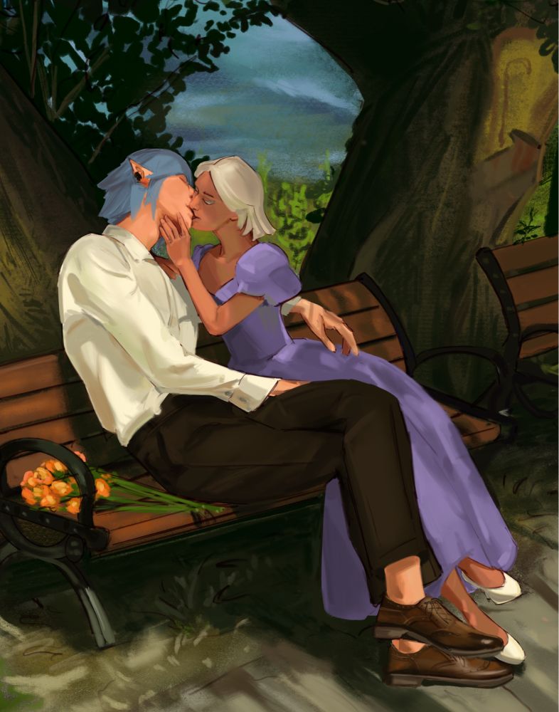 Painting of Haurchefant and Elidi sitting on a park bench. They are dappled with shadows from the trees. Elidi is wearing a lilac long dress, tenderly caressing Haurchefant’s jaw while he leans for a kiss. His arm draped over her. 