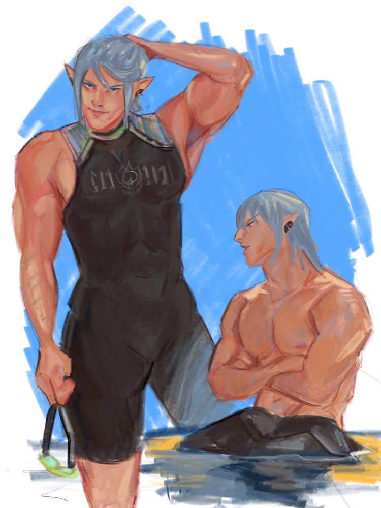 Two sketches of Moonfire fair Haurchefant. One is standing looking at the viewer while he pushes his hair back. The other is Haurchefant sitting on a surfboard with his arms crossed. He is smiling looking away from the viewer. 