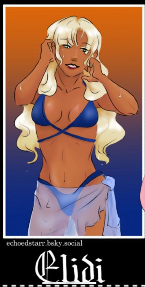Art of Elidi looking like she just came out of the water. She has a blue swim suit on and a see through cover wrap around her waist. 