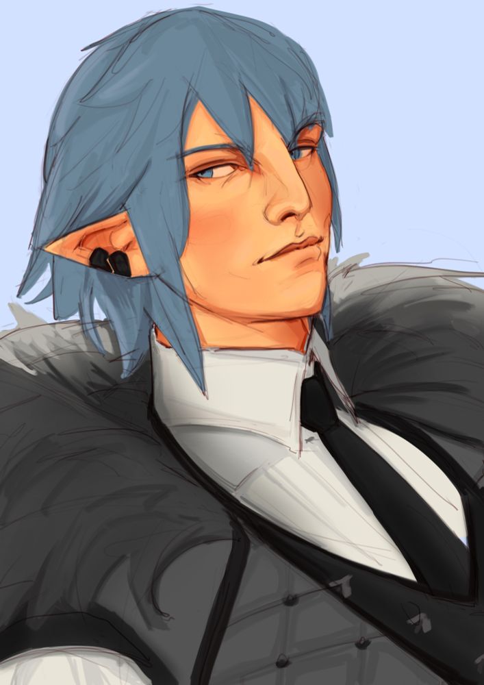 Haurchefant facing the viewer in a suited piece adorned with a fur coat. He has a slight smile meeting his eyes 