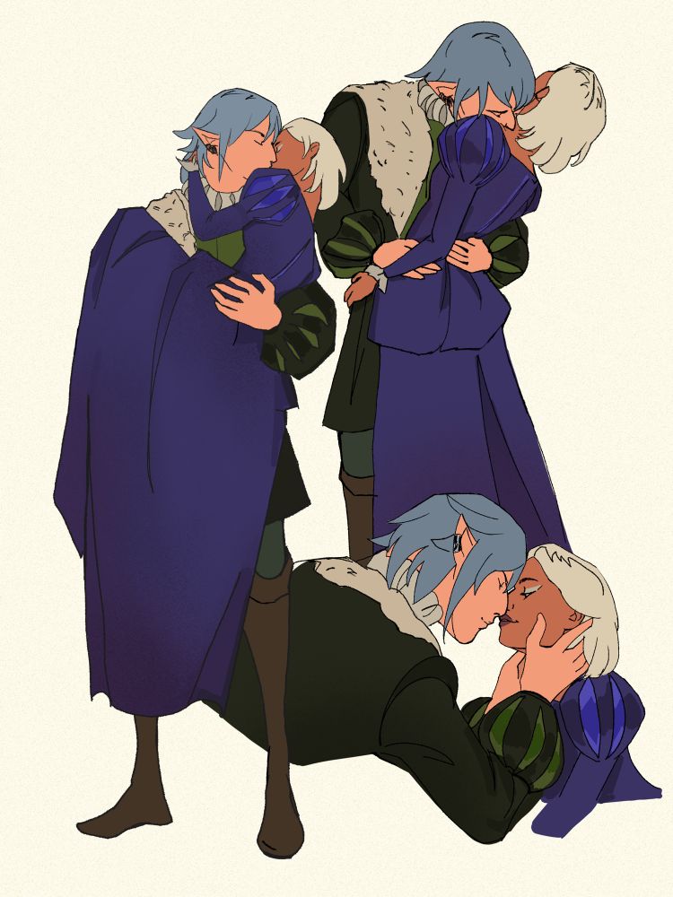 Three poses of Haurcheli, all in the same outfit for each of them. Elidi is wearing a purple long length dress with large puff sleeves. Haurchefant is wearing an outfit design like the ishardian nobles wear, dyed green.

Full figure of Haurchefant carrying Elidi, bridal style. 

Half body of Haurchefant kissing Elidi’s neck

Bust couple shot of Elidi kissing Haurchefant’s nose. Her favorite place to kiss him :)