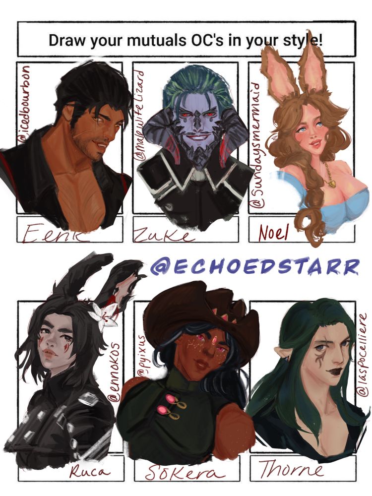 Top (left to right)

Eerik @icedbourbon
Zuke @malewifelizard
Noel @sundaysmermaid

Bottom (left to right)
Ruca @ennkos
Sokera @pyixus
Thorne @laspocelliere