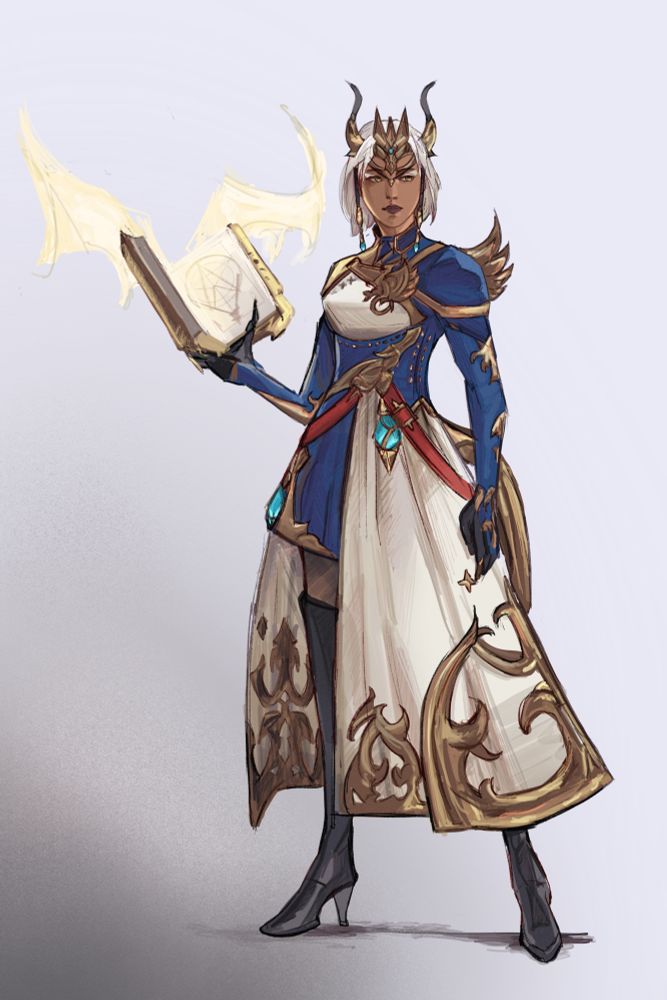 My warrior of light in the ffxiv art book style on a grey background. She is wearing a blue dress and black boots, holding a summoner book. 