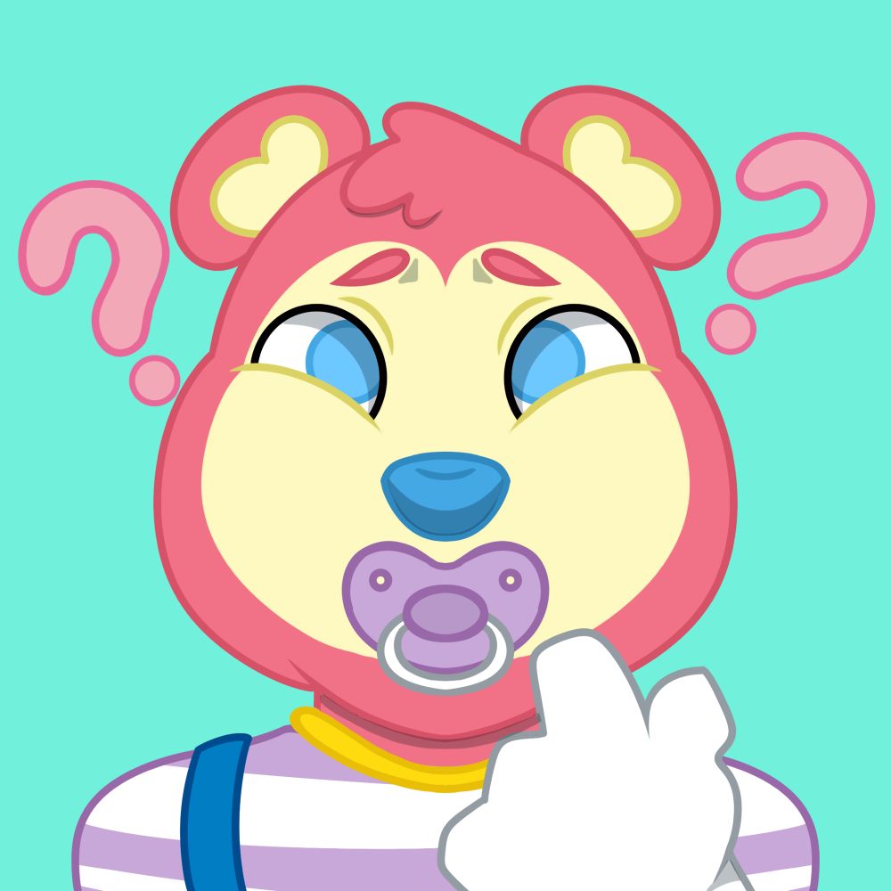 The same drawing but it is no longer a blank base but is a drawing of a pink bear with a light yellow face. It is my fursona Kewpie Bear.