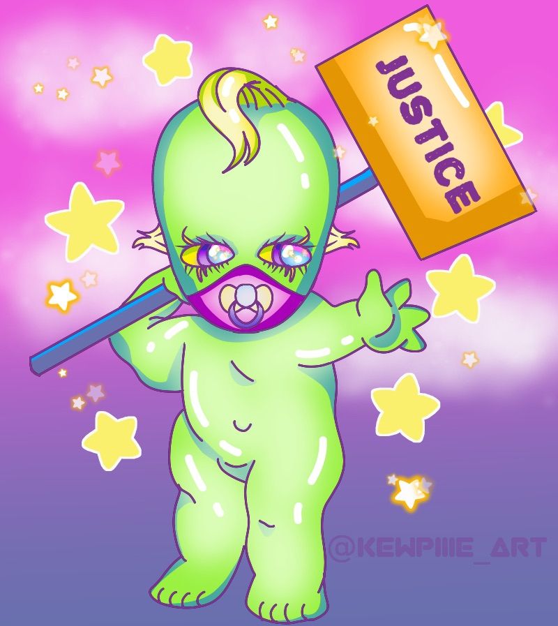 Digital art of a green Kewpie doll in a mask holding a sign that says "justice" the art is sparkly and has lots of stars with colors similar to Lisa frank art.