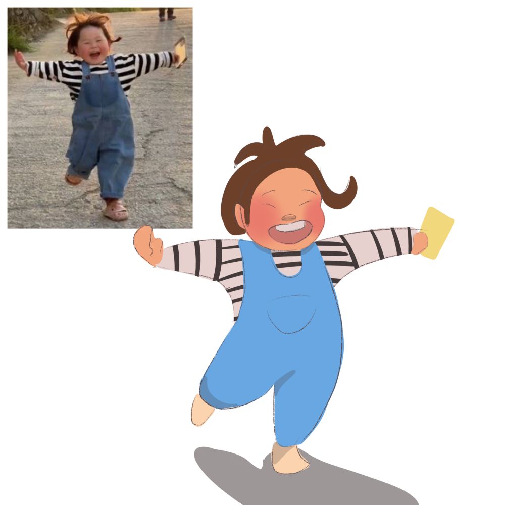 A photograph of a small child in overalls and a stripped shirt running toward the screen with their legs out is in the upper left corner of the canvas and a simplified colored sketch is taking up the most of the bottom of the canvas 