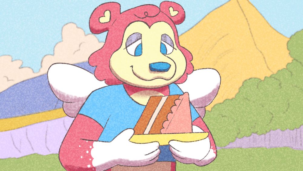 Digital art of my sona kewpie bear holding a plate with a slice of cake on it. The background is a brightly colored cartoon forest.