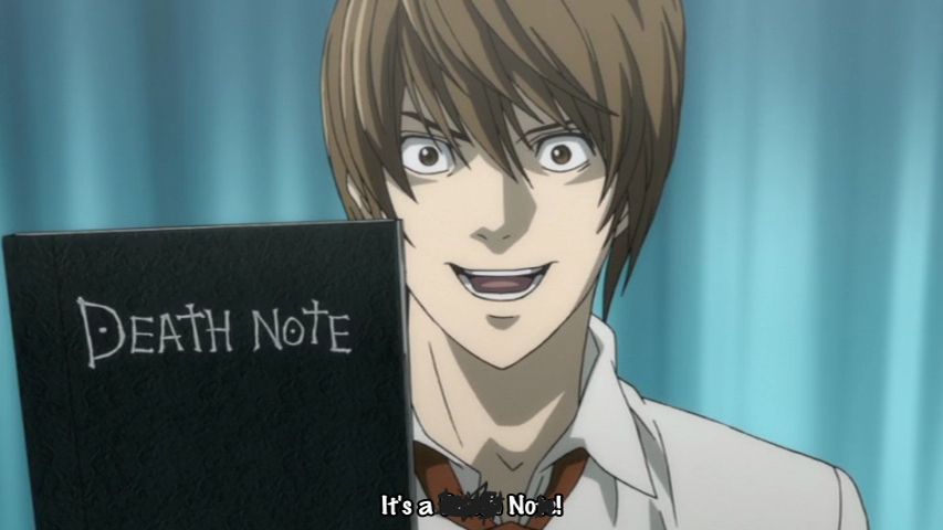 Light Yagami from Death Note holding up the Death Note that says Death Note on its cover and shouting 