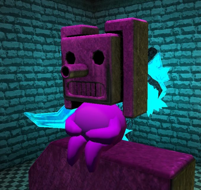 A figure is seen sitting on a stone slab in a cyan brick room. Behind them is a strange glowing tree, largely blocked by their body. The figure is purple, and is wearing a cubic mask featuring a cylindrical tube-like nose, two dark eyeholes, a pair of stylized rabbit ears folded over the sides as to evoke submission, and a carved grimace.  The figure has their hands on their knees, awaiting their fate anxiously.