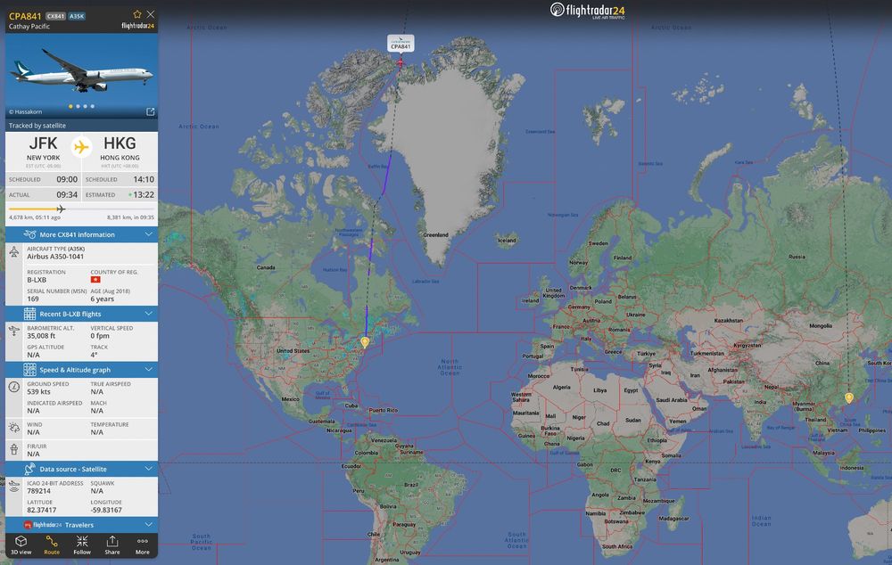 Flight path of Cathay Pacific 841 from New York to Hong Kong, which flies almost due north from New York and then due south after crossing the pole.