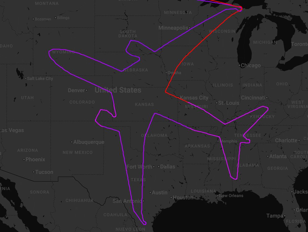 A Boeing 787’s drawing of a Boeing 787 covering 22 states from Michigan’s Upper Peninsula to Texas and Wyoming to Kentucky.