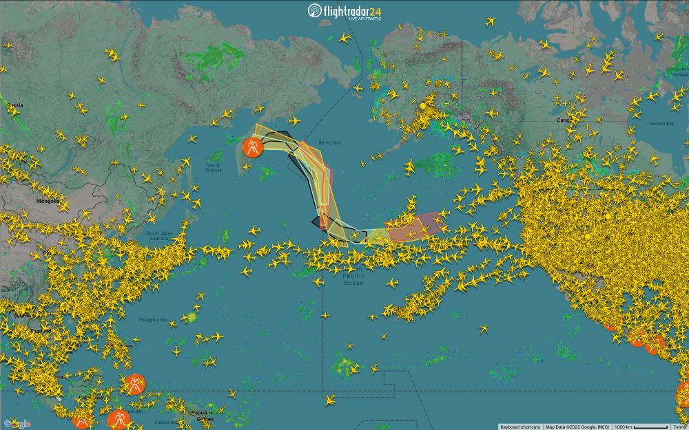 Current transpacific traffic avoiding Klyuchevskoy eruption.