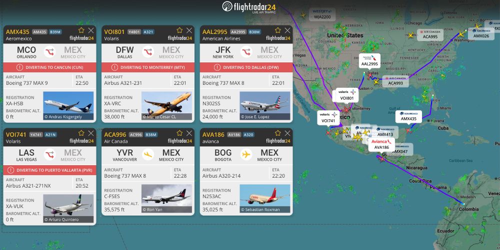 Live diversions away from Mexico City.