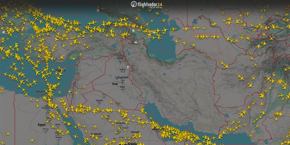 No aircraft tracked by Flightradar24 in the airspace of Iraq or Iran as of 02:30 UTC 13 June