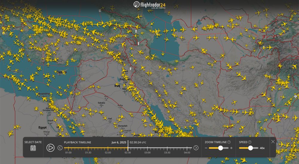 Hundreds of aircraft transit the airspace of Iraq and Iran as seen on Flightradar24 on 02:30 UTC 6 June 2025.