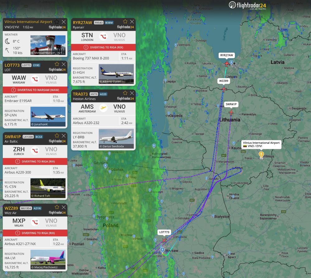 Flight paths of diverting flights away from Vilnius