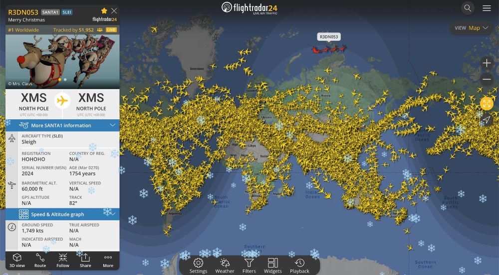 Santa flying eastward over far-northern Russia on the Flightradar24 map.