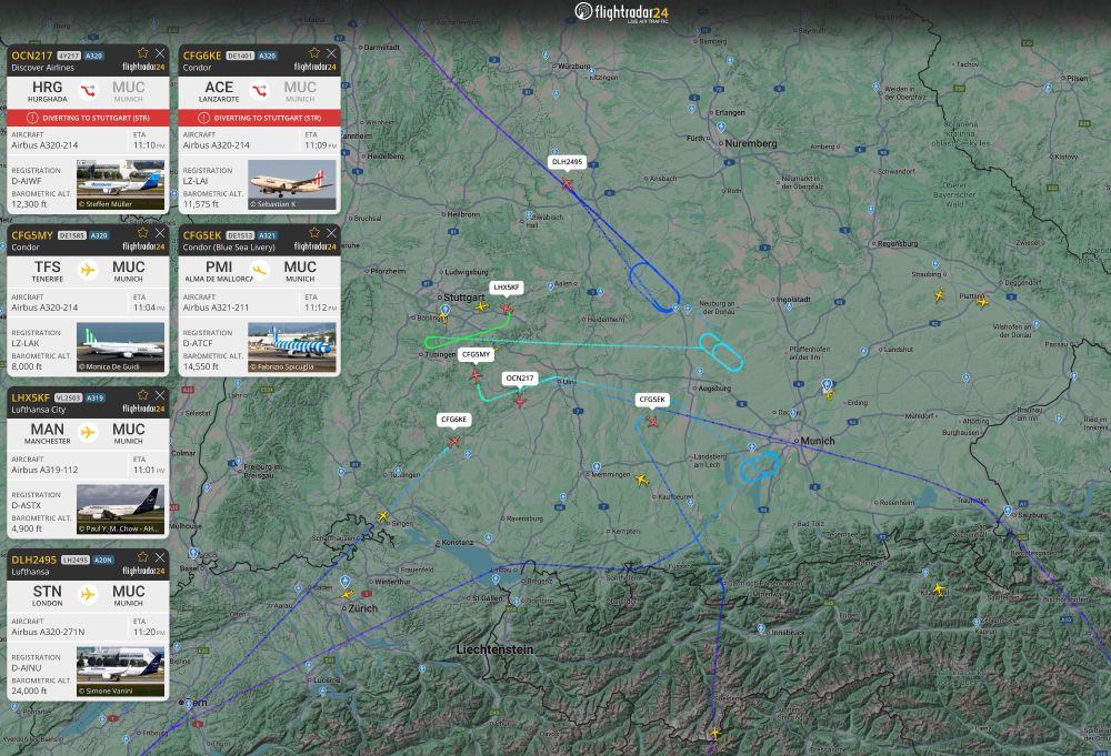 Selection of flights diverting away from Munich. 