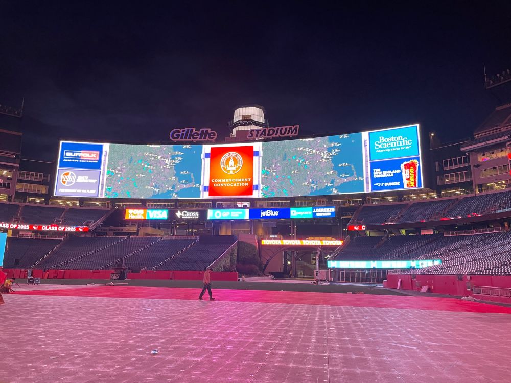 Flightradar24 show on the LED video board in the North end zone at Gillette Stadium.