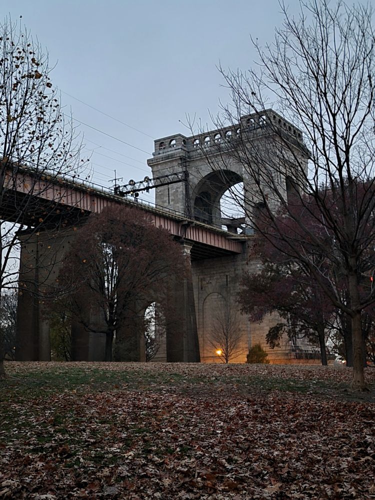 Early evening scene before dark in mid-autumn in one of many beautiful public parks in a large city, facing across the north lawn of the park at an old, historic train bridge; the bridge, built in nineteen sixteen, is used only by railroad and regional passenger trains and easily recognizable by its design and distinctive pinkish-red color and its through-arch truss design, as well as the tall and massive concrete supports; a light has been turned on under the bridge near the riverfront as it begins to get darker outside; while the sky is gray and overcast in the background, the autumn trees of the park breathe cor into the foreground, with many reddish leaves still on the trees and many more on the grass floor.