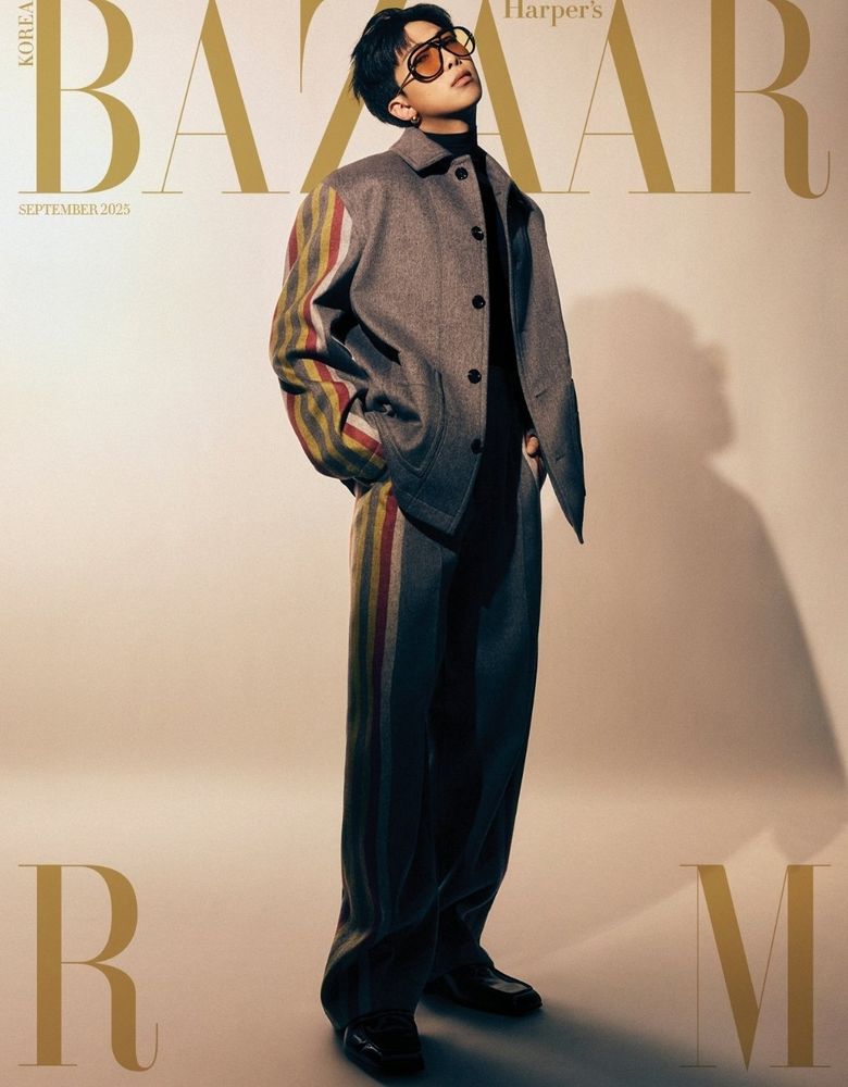 BAZAARの表紙
RMさんがセットアップを身に付けて立っている
大きなサングラス