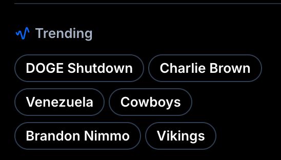 The current 'trending' topics on BlueSky, which include DOGE Shutdown, Charlie Brown (?), Venezuela, Cowboys, Vikings and ...

Brandon Nimmo (???)