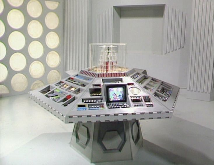 The console room of the TARDIS from Doctor Who “The Five Doctors”