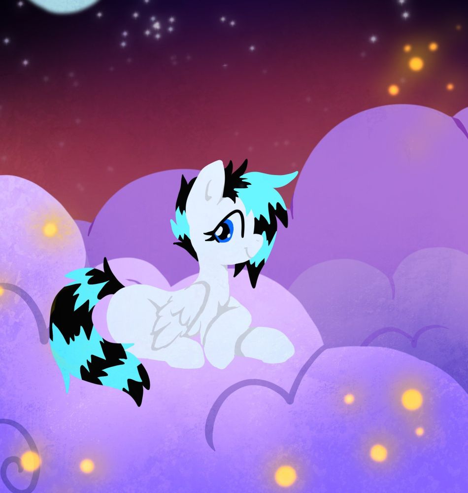 A pegasus My Little Pony: Friendship is Magic OC- she is solid white without a cutie mark. She has a spikey black and light blue mane and tail. She is sitting on purple clouds, surrounded by fireflies, against a red and purple sunset.