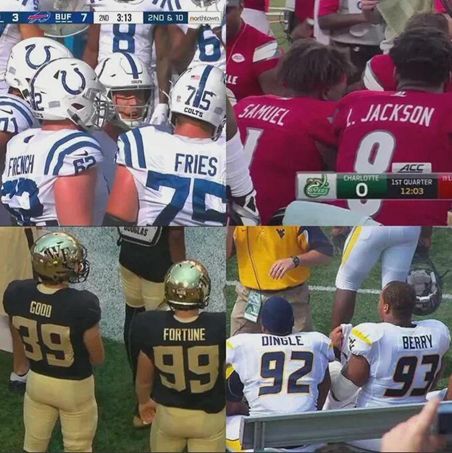 Collage of pictures of American football players with complimentary last names on their jerseys. Such as "French" and "Fries", or "Samuel" and "L Jackson" or "Good" and "Fortune"