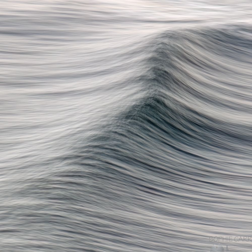 A smooth grey wave swelling up from bottom left to top right as it's about to break. There are some darker grey areas with a hint of turquoise. It looks quite stripy, and is long exposure and a square crop.