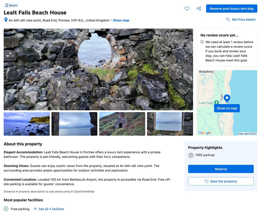 Details from booking.com of some accommodation - a luxury tent apparently, although the picture is of a ramshackle building thing with a hole on it at the side of a cliff.